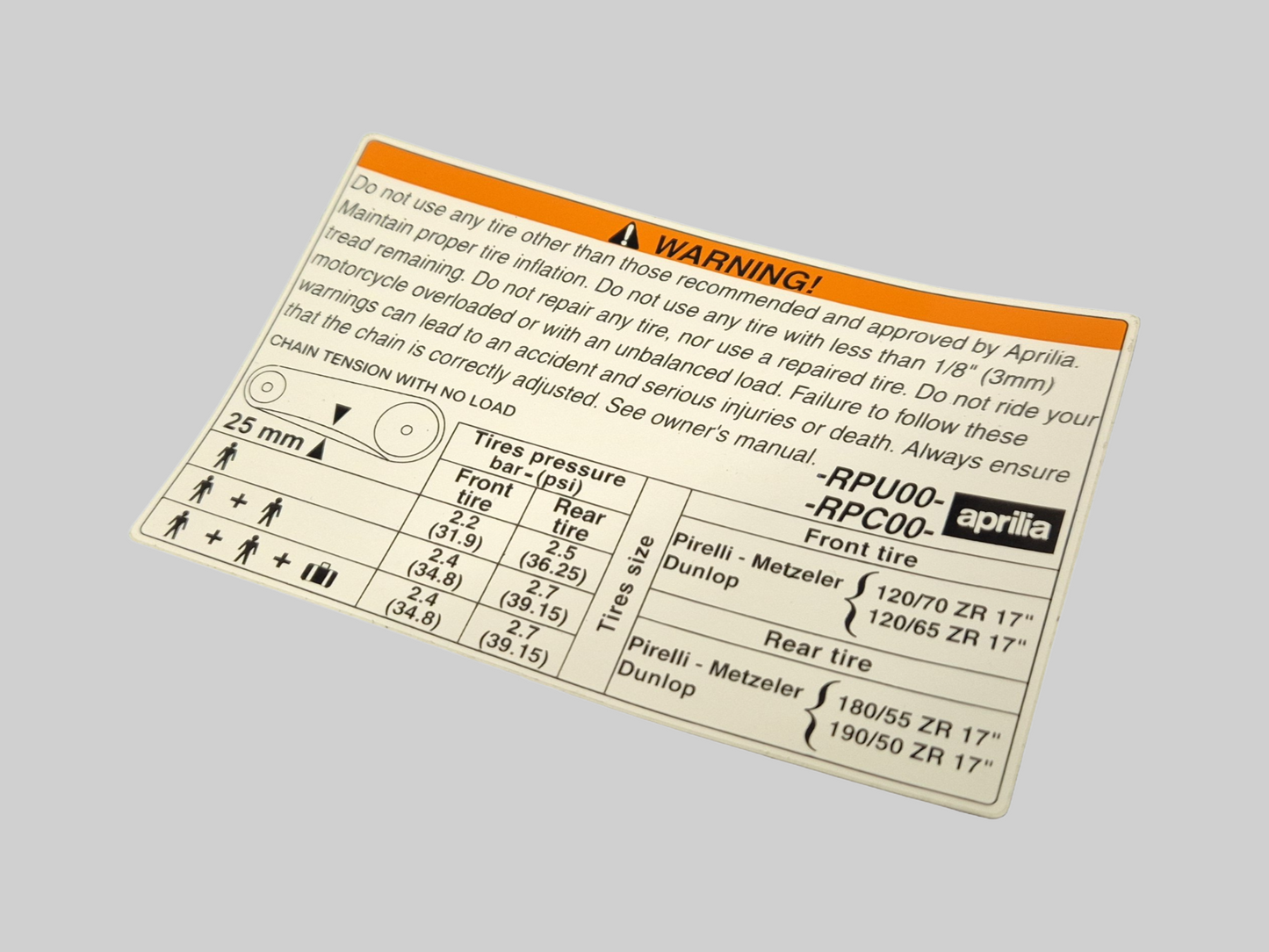 APRILIA FUEL TANK WARNING DECAL ENGLISH OEM Aprilia RSV Mille 1998-2003 / RSV Tuono 2002-2005