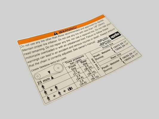 APRILIA FUEL TANK WARNING DECAL ENGLISH OEM Aprilia RSV Mille 1998-2003 / RSV Tuono 2002-2005